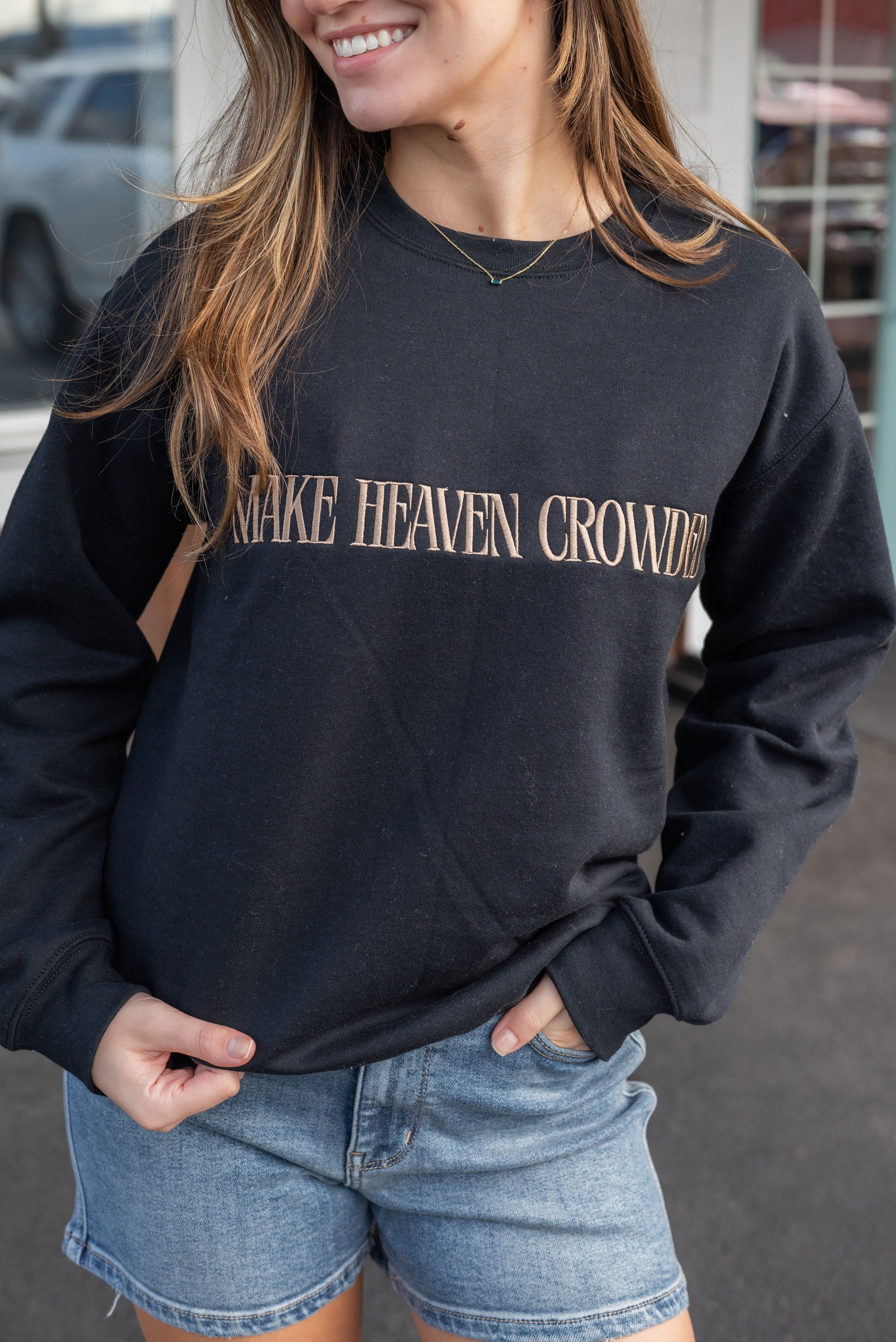 MAKE HEAVEN CROWDED Embroidered Fleece Sweatshirt
