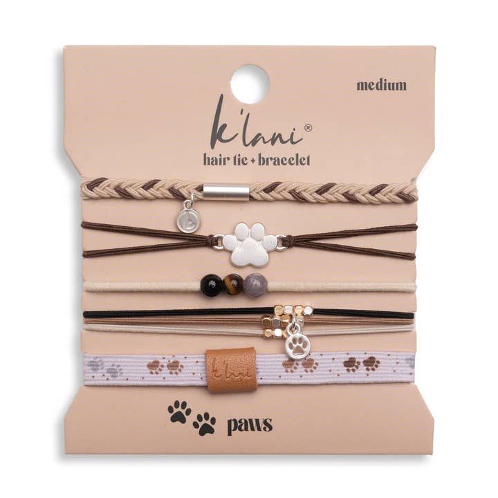 "Paws" Natural Hues with Silver and Paw Accents Hair Tie Bracelet