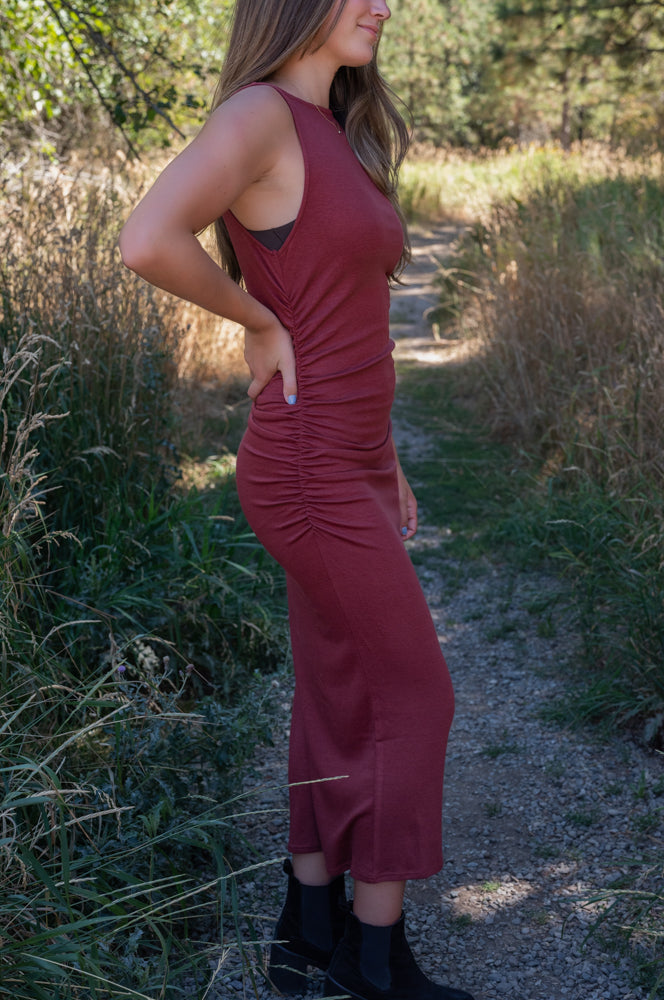 OPEN UP BOATNECK RUCHED MIDI DRESS