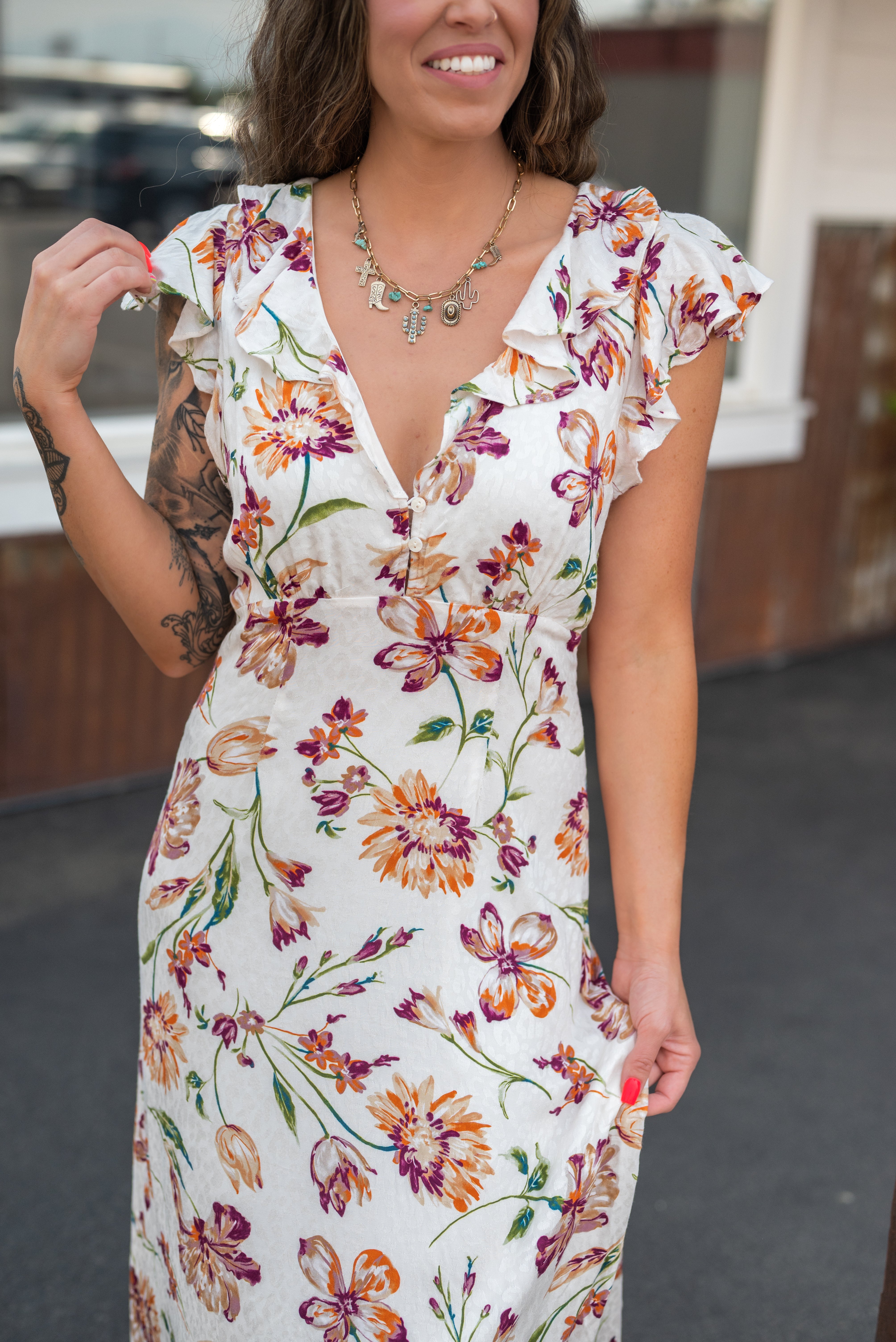 EARTH SONG RUFFLE MIDI DRESS