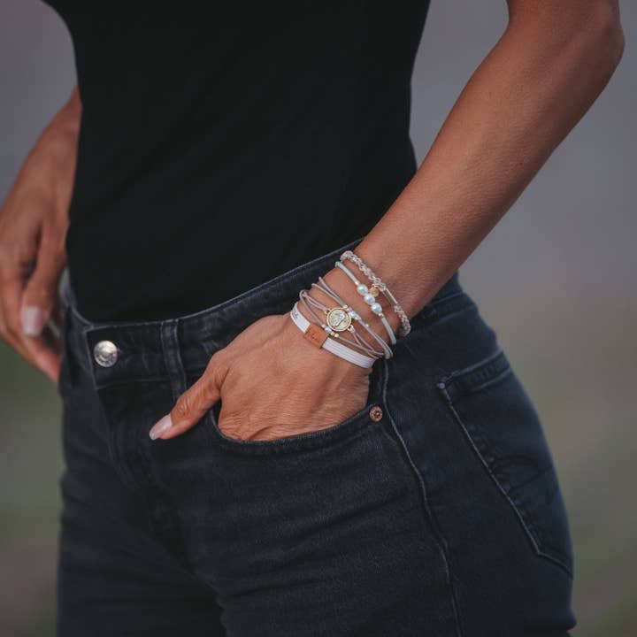 "Risen" Warm Neutrals with Gold Christus Hair Tie Bracelets