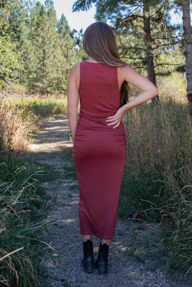 OPEN UP BOATNECK RUCHED MIDI DRESS