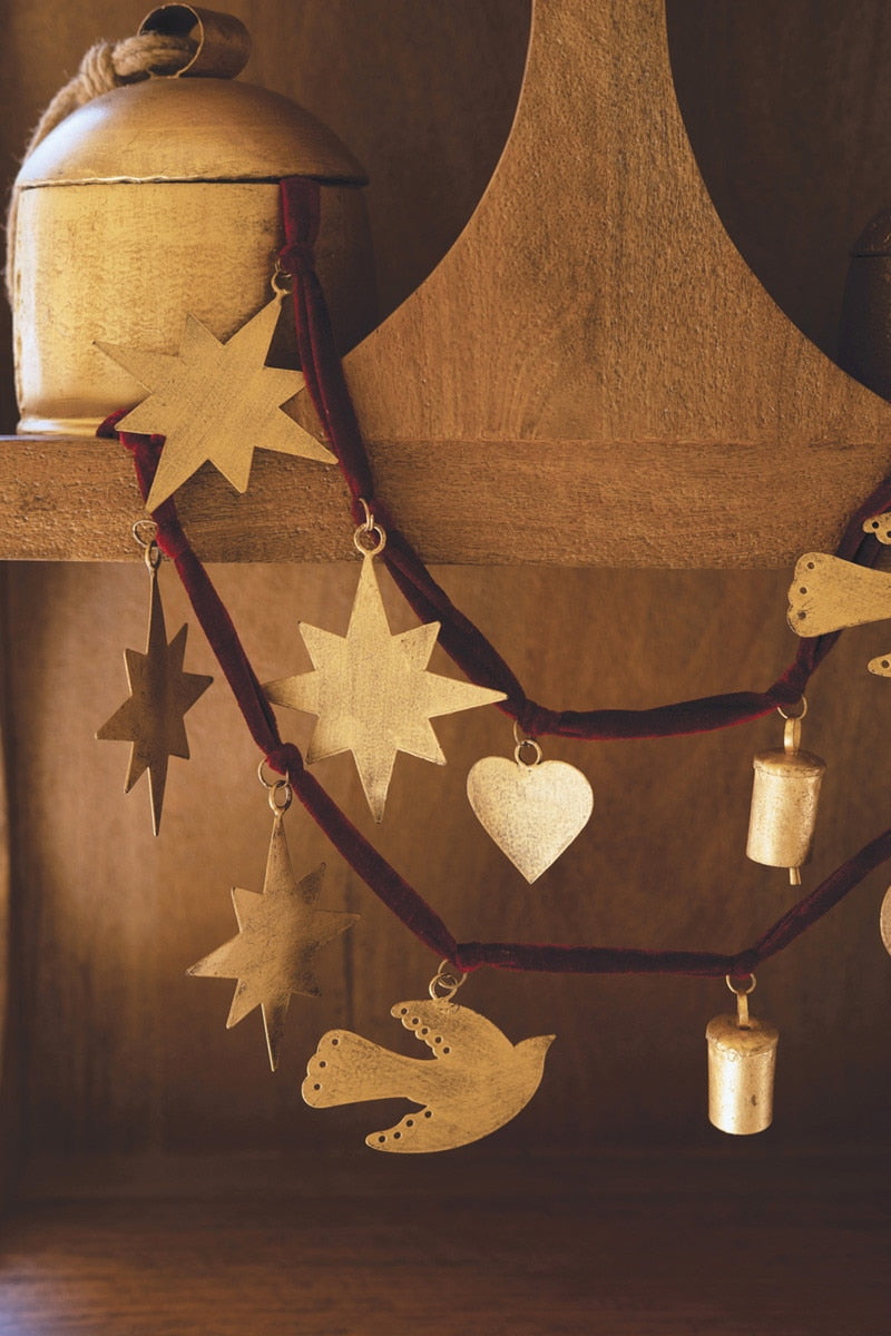 Christmas Charm Garland with Maroon Velvet Ribbon