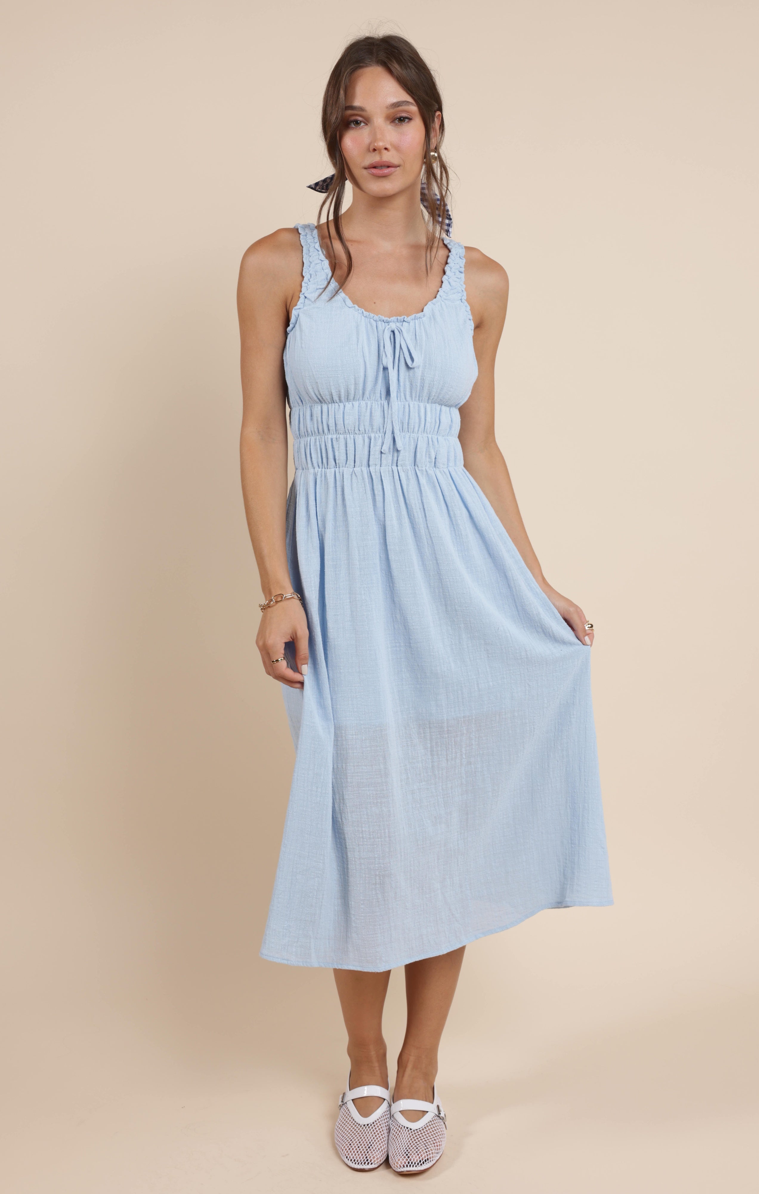 SO CAL SCRUNCHY DETAILS MIDI DRESS
