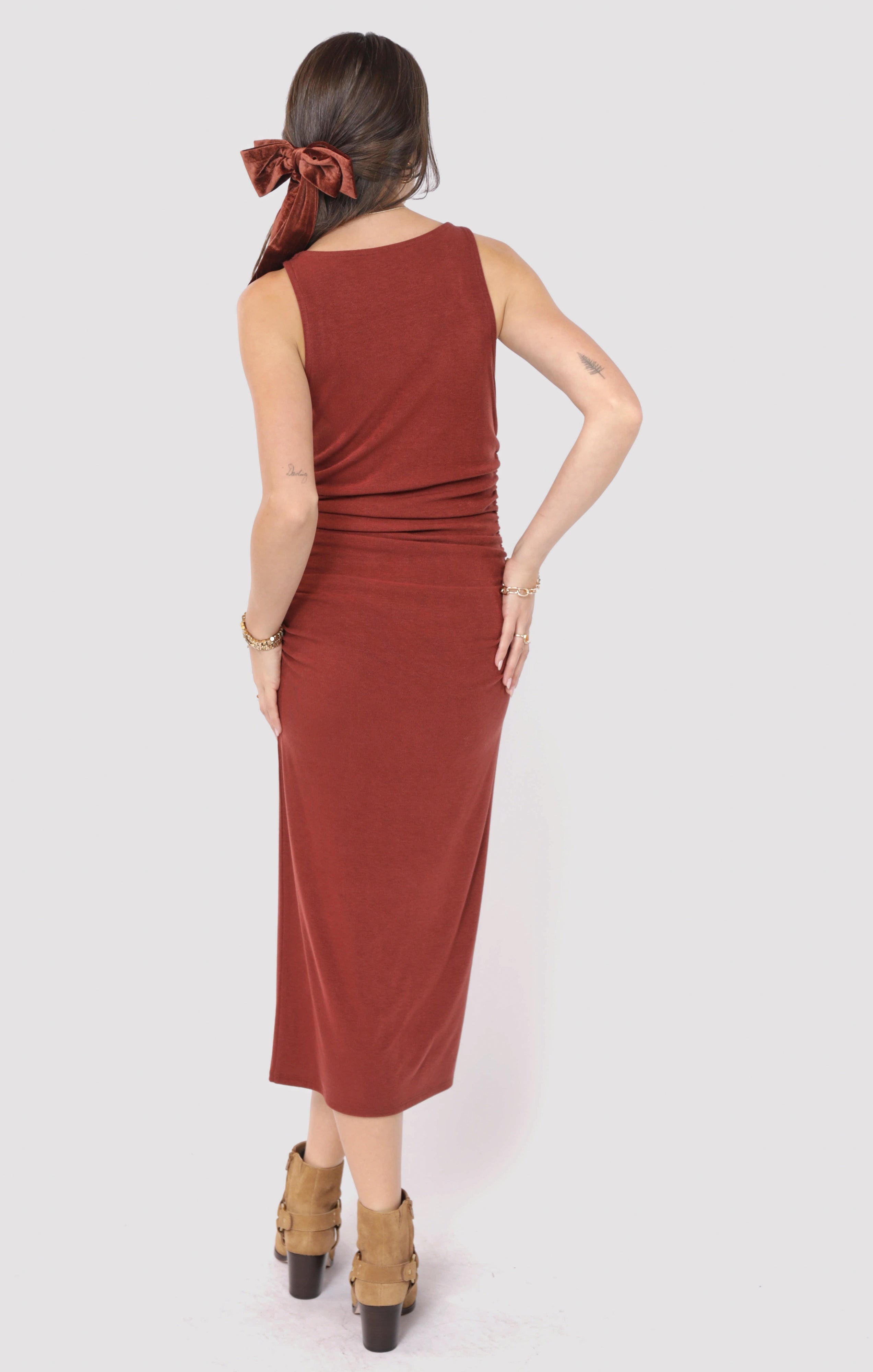 OPEN UP BOATNECK RUCHED MIDI DRESS