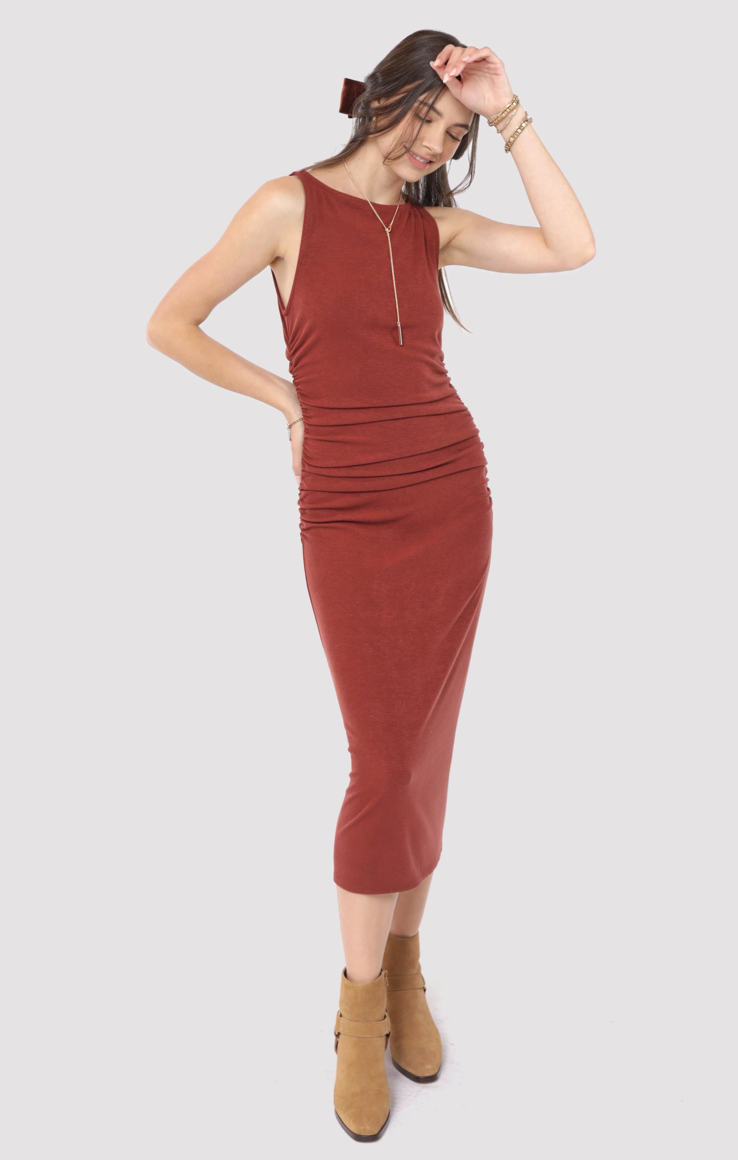OPEN UP BOATNECK RUCHED MIDI DRESS
