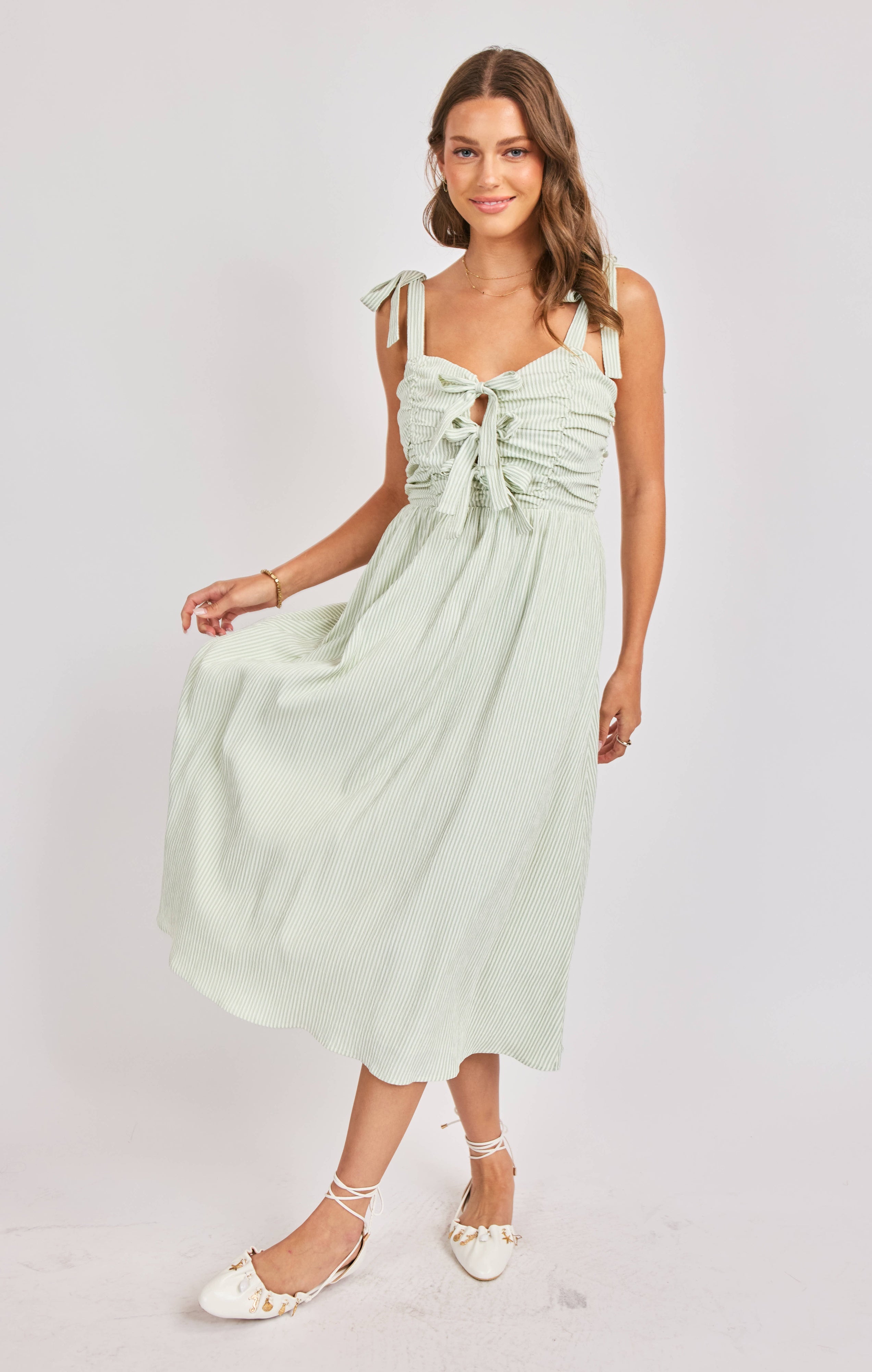 SEE ME STRIPE BOW MIDI DRESS