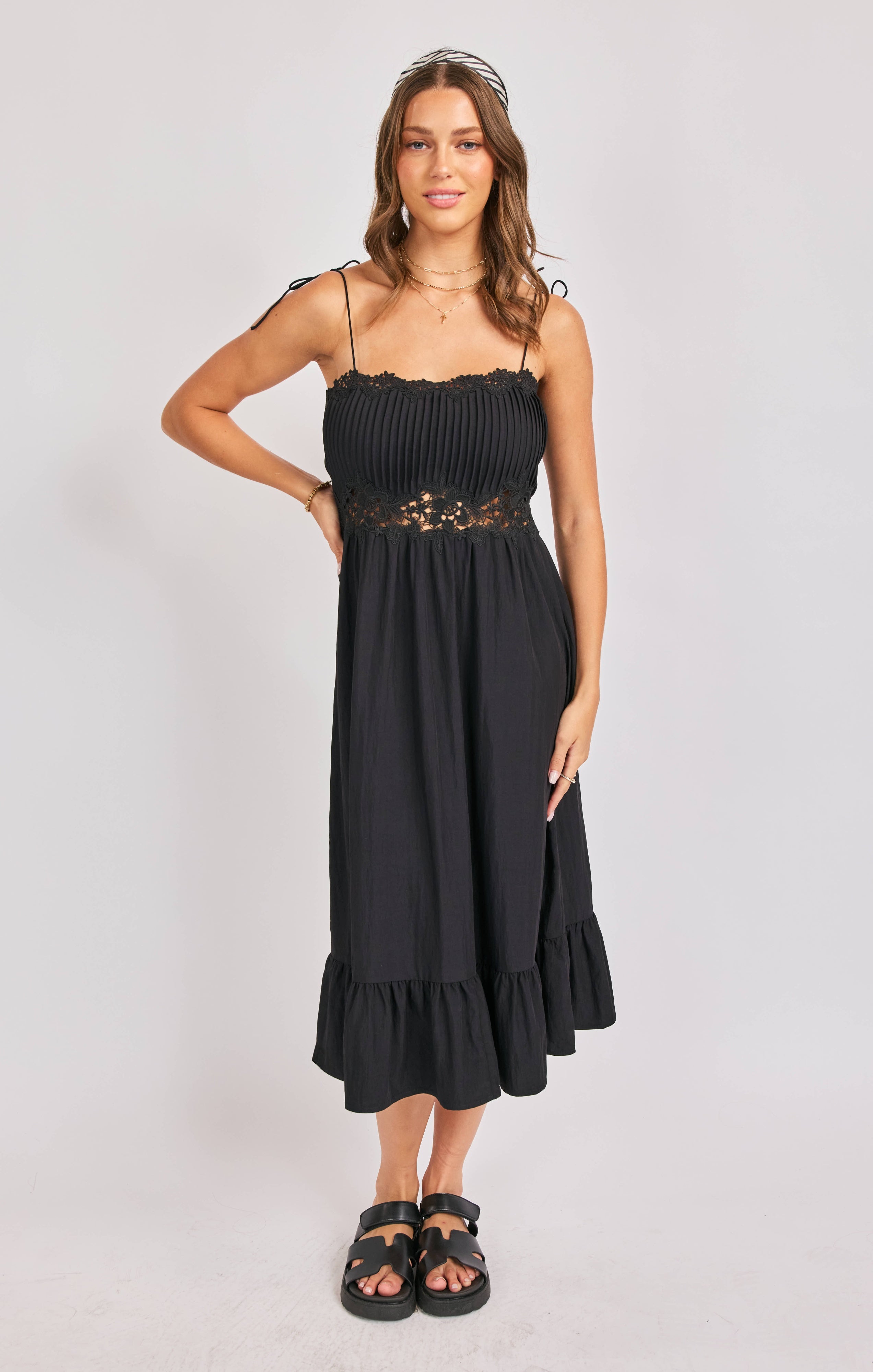 NIGHT BLOOM PINTUCK LACE MIDI DRESS