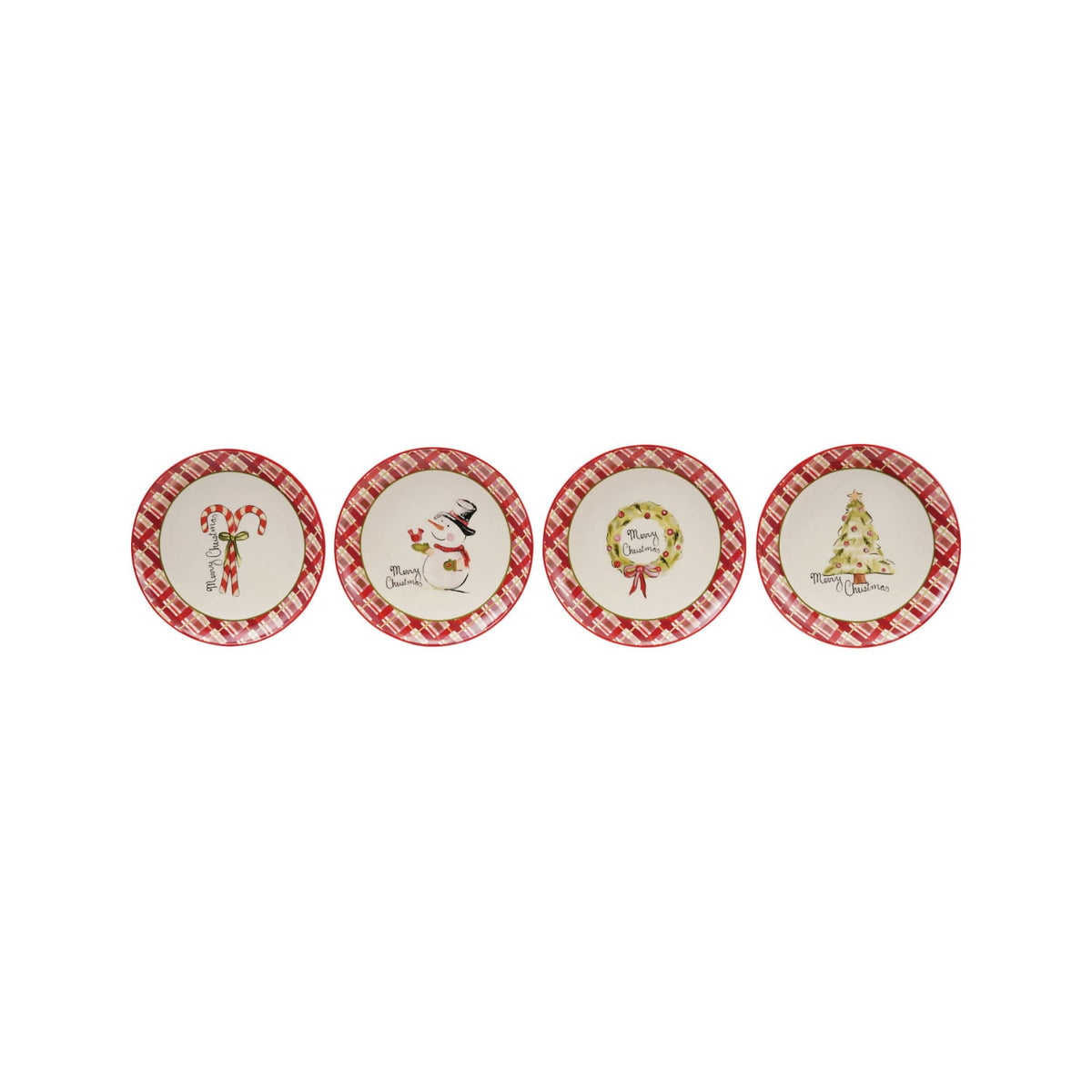 Stoneware Plate with Holiday Image & Plaid Border "Merry Christmas", 4 Styles ©