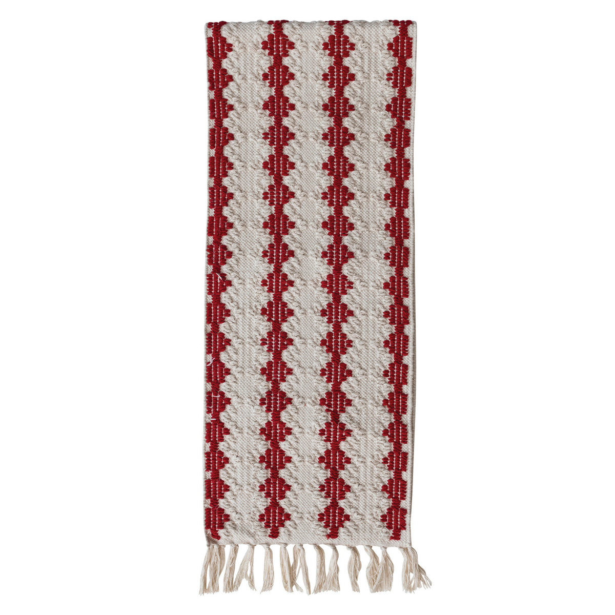 Woven Cotton Tufted Table Runner with Diamond Pattern & Tassels