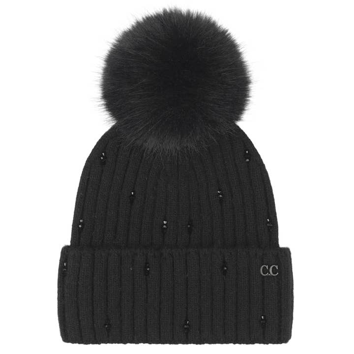 C.C Glass Bead Embellishment Faux Fur Pom Beanie
