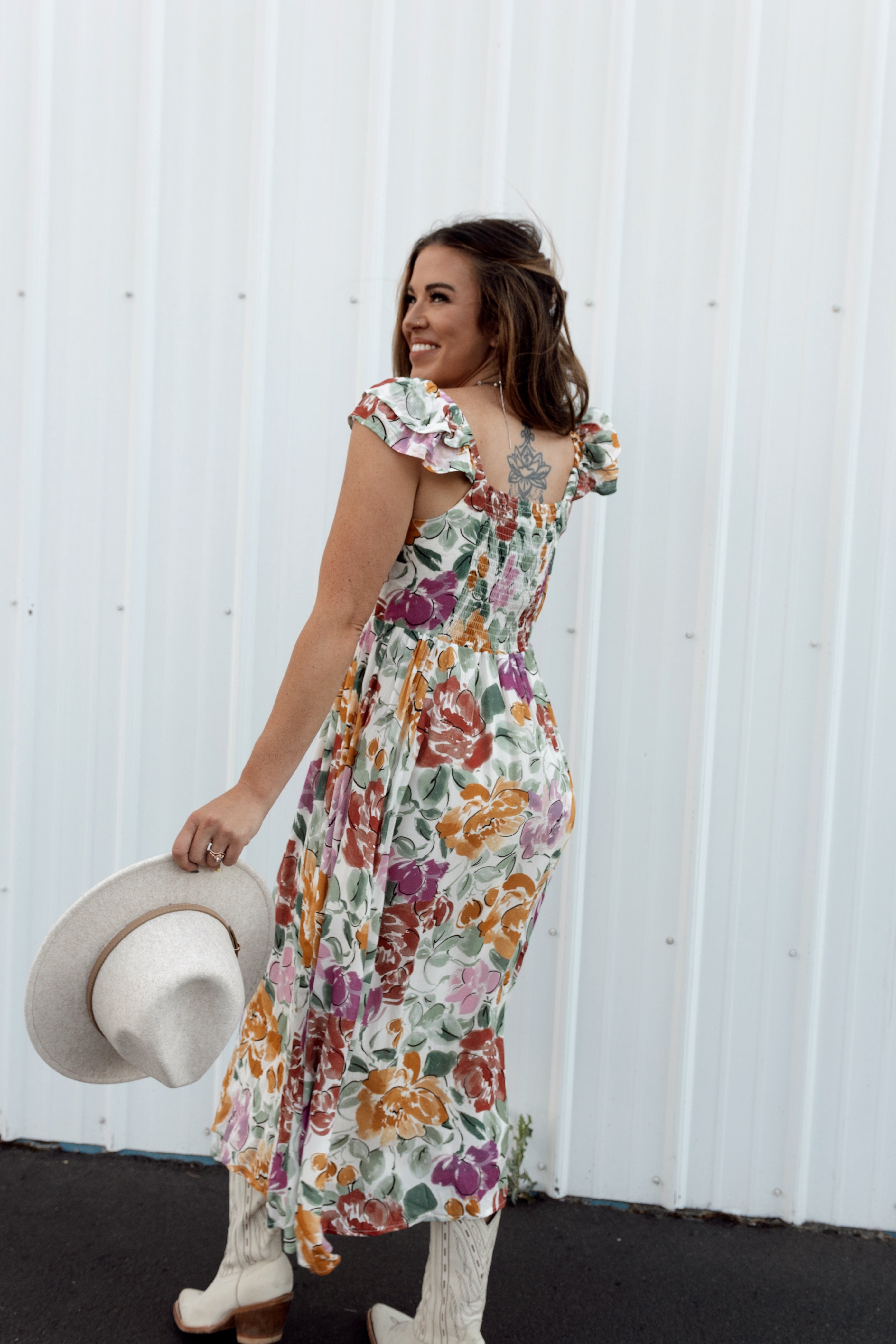 TREASURES RUFFLE SLV MIDI DRESS