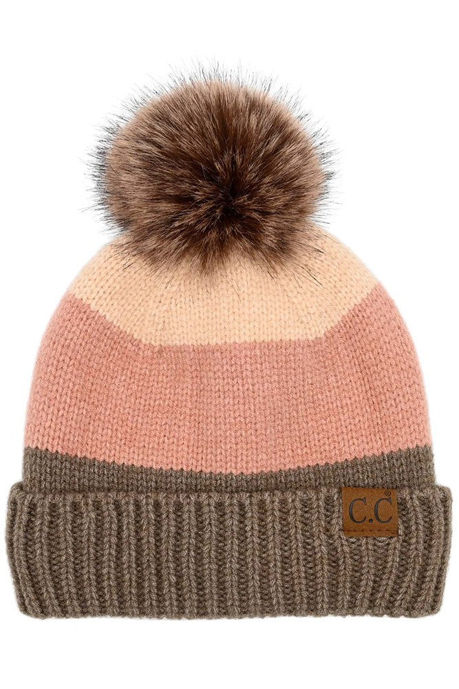 Color Block Stripes Pom Beanie
