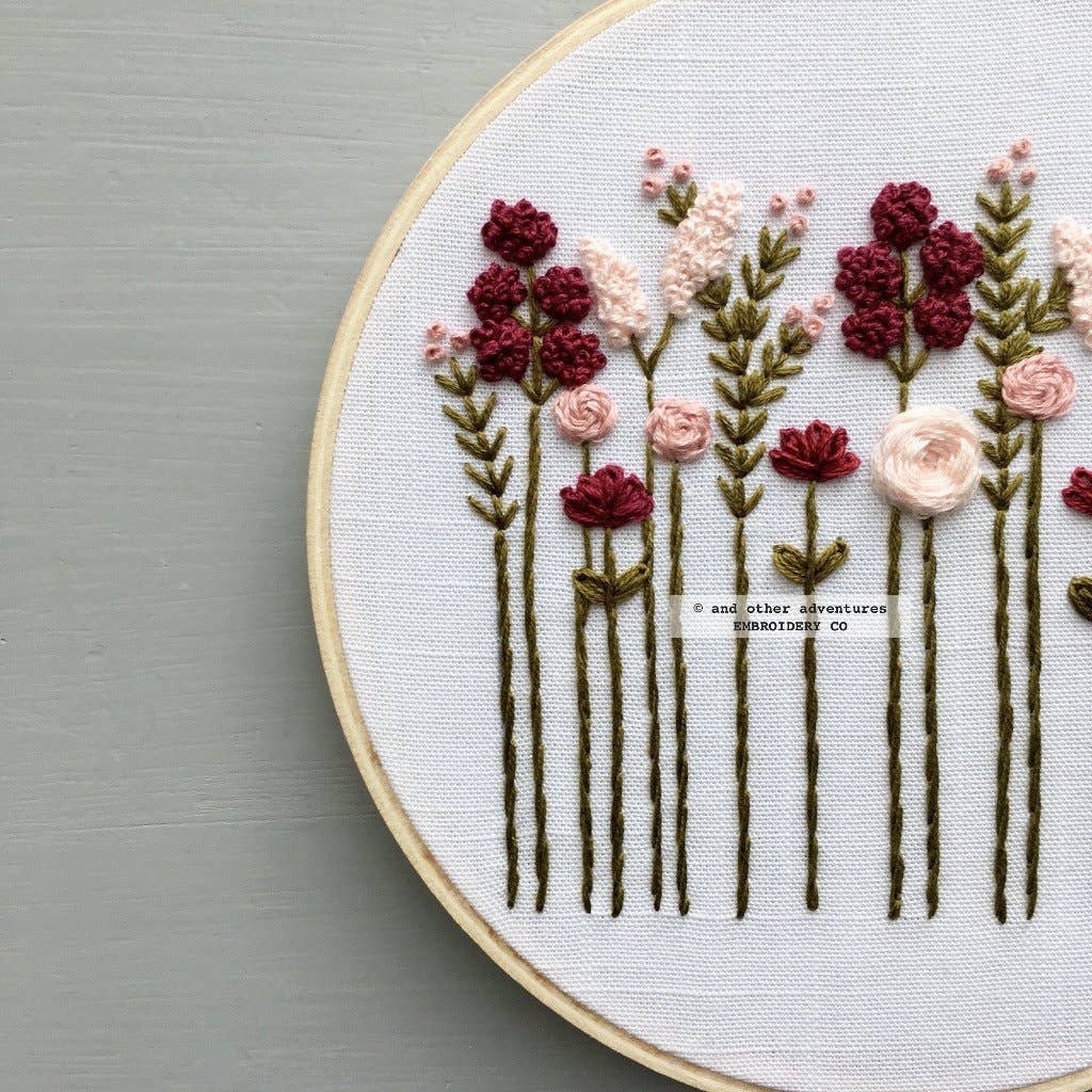 Beginner Hand Embroidery KIT - Burgundy & Blush Wildflowers