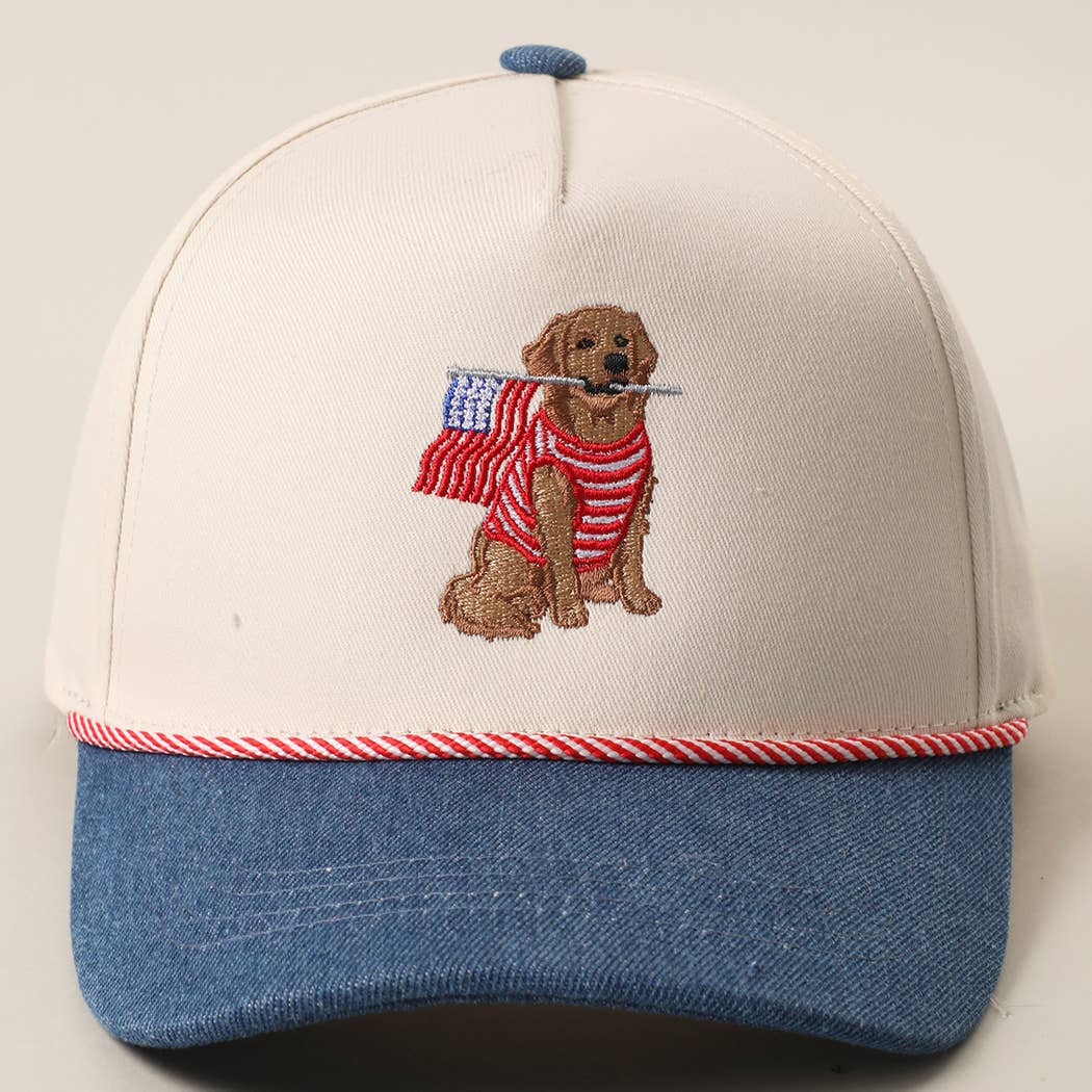 Golden Retriever Holding USA Flag Denim Brim Trucker Hat