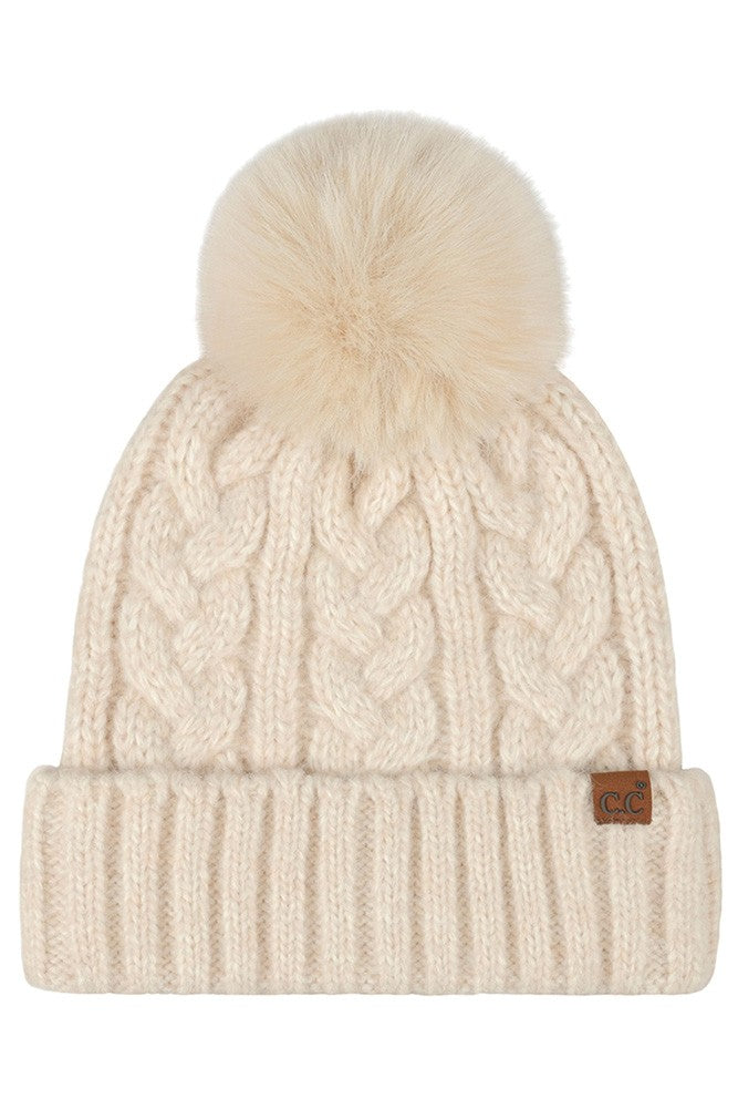 Heather Cable With Satin Lining Pom Beanie