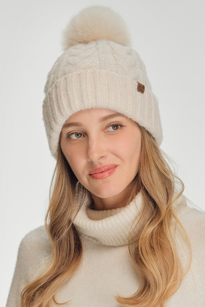 Heather Cable With Satin Lining Pom Beanie
