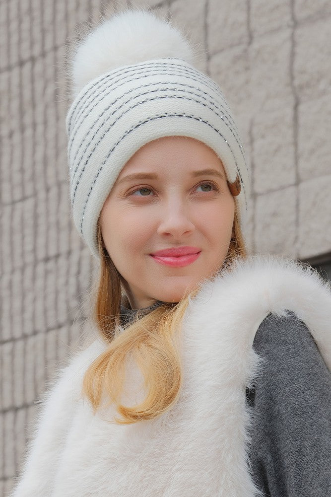 Stripe Stitches With Sequin Angora Pom Beanie