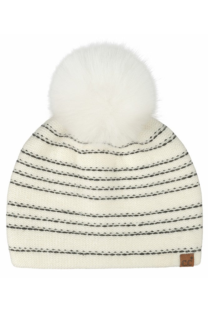 Stripe Stitches With Sequin Angora Pom Beanie