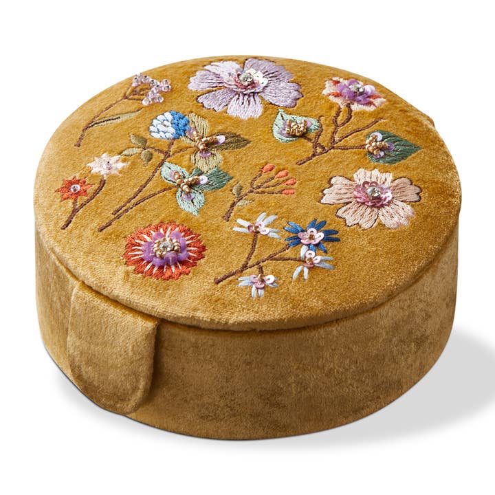 Floral Embroidered Round Box Yellow Velvet Fabric Everyday