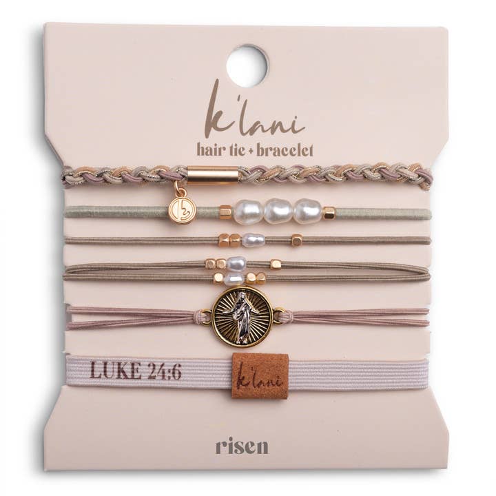 "Risen" Warm Neutrals with Gold Christus Hair Tie Bracelets