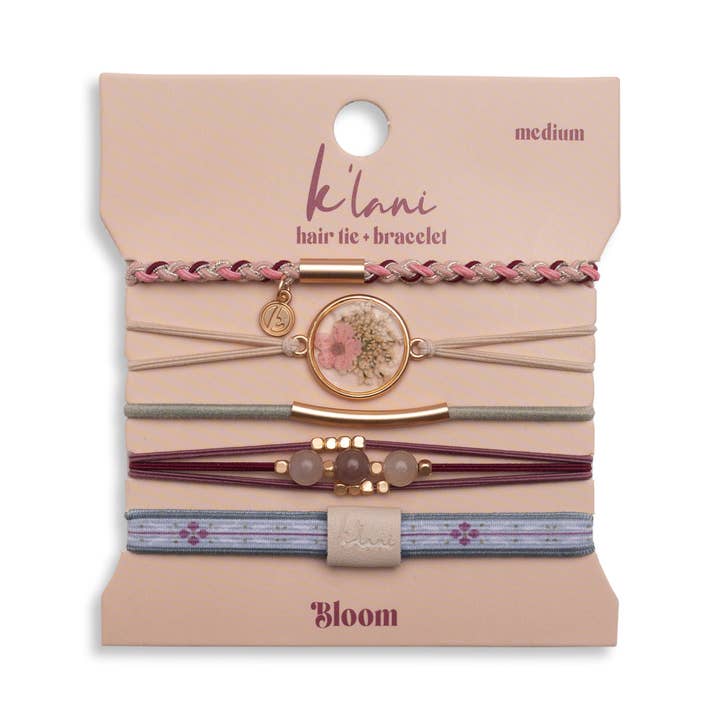 "Bloom" Maroon and Pink with Pressed Flowers Hair Tie Bracelets