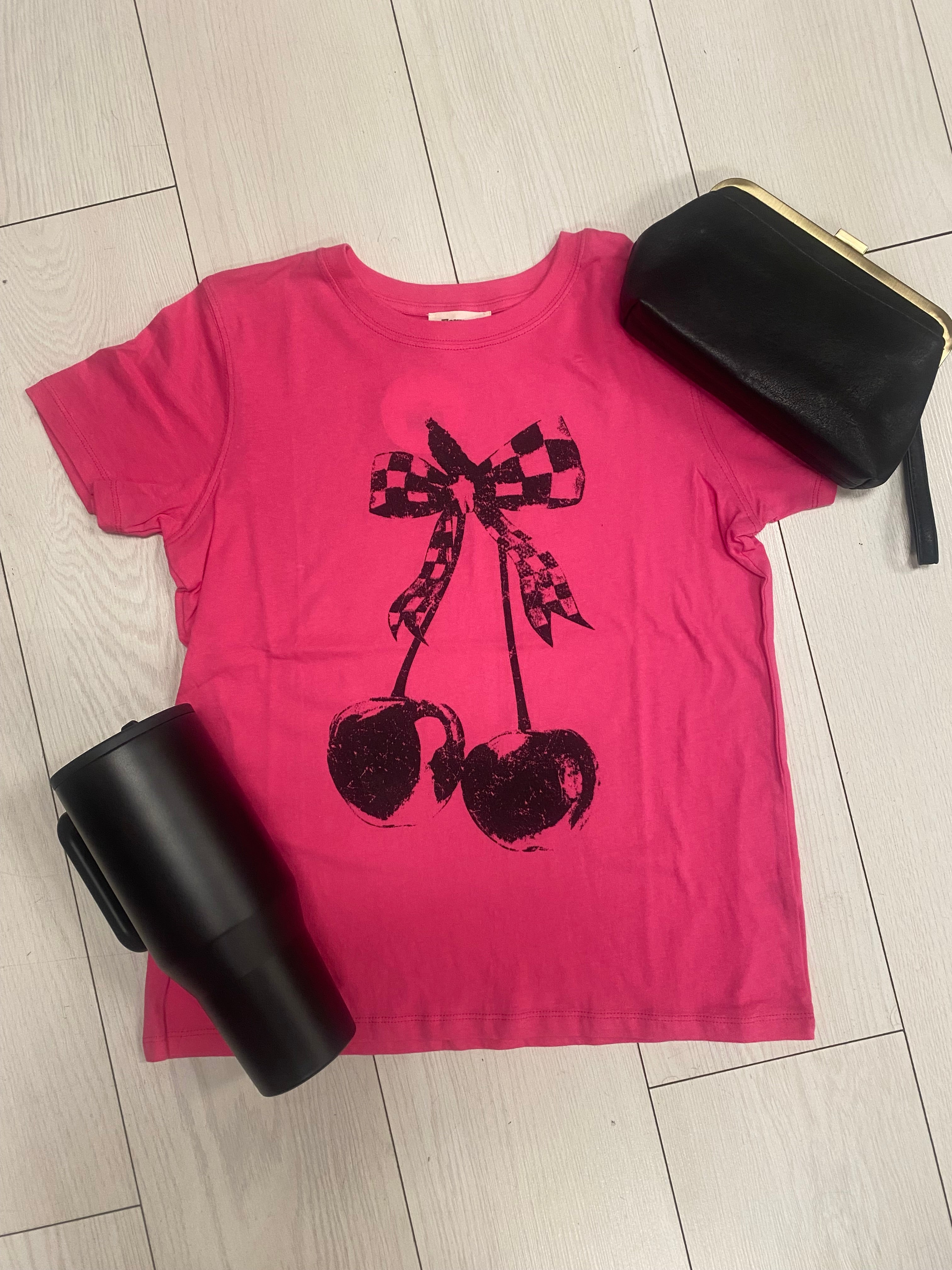 CHECKERED BOW CHERRY TEE