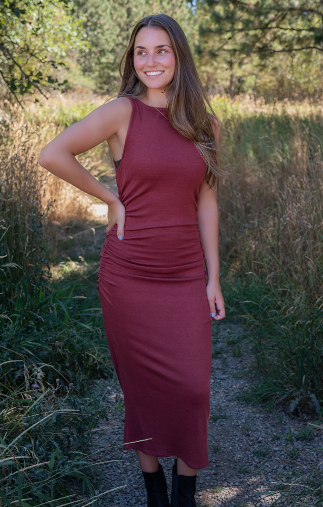 OPEN UP BOATNECK RUCHED MIDI DRESS