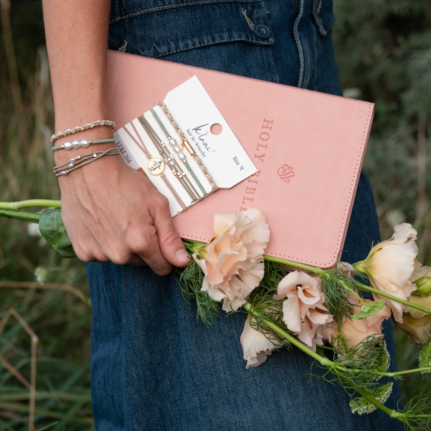 "Risen" Warm Neutrals with Gold Christus Hair Tie Bracelets