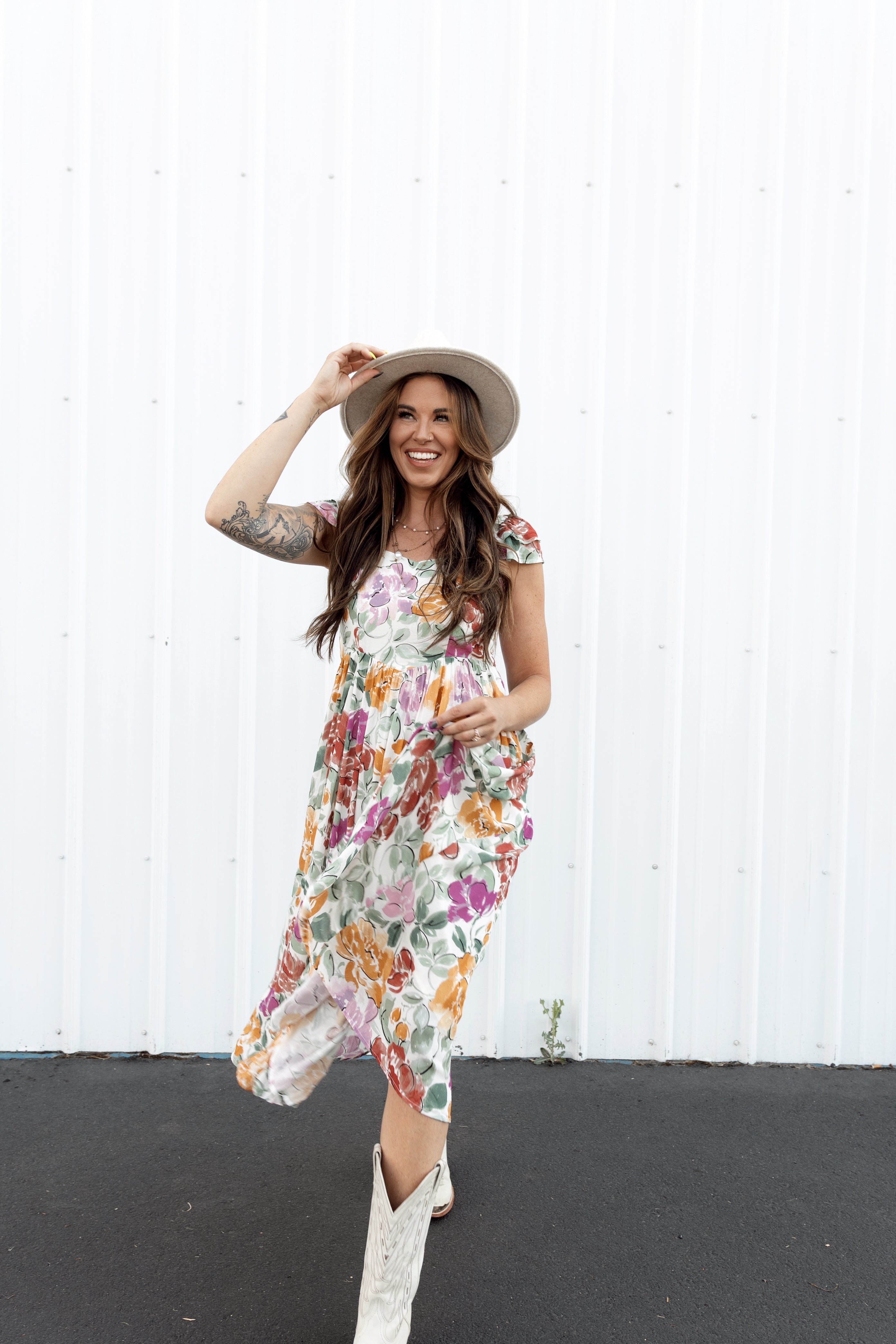 TREASURES RUFFLE SLV MIDI DRESS