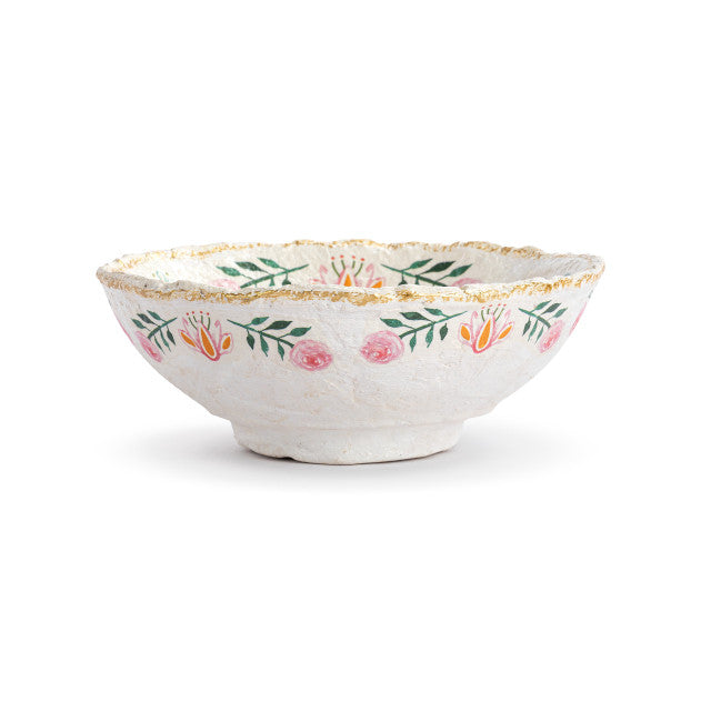 Paper Mache Coral Birds with Gold Rim Bowl
