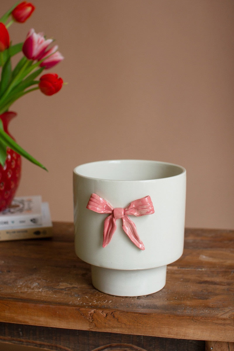 Ceramic Flower Pot with Pink Bow