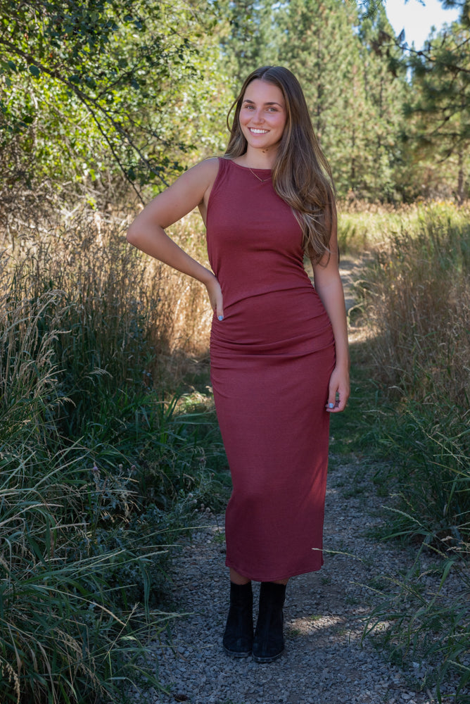 OPEN UP BOATNECK RUCHED MIDI DRESS