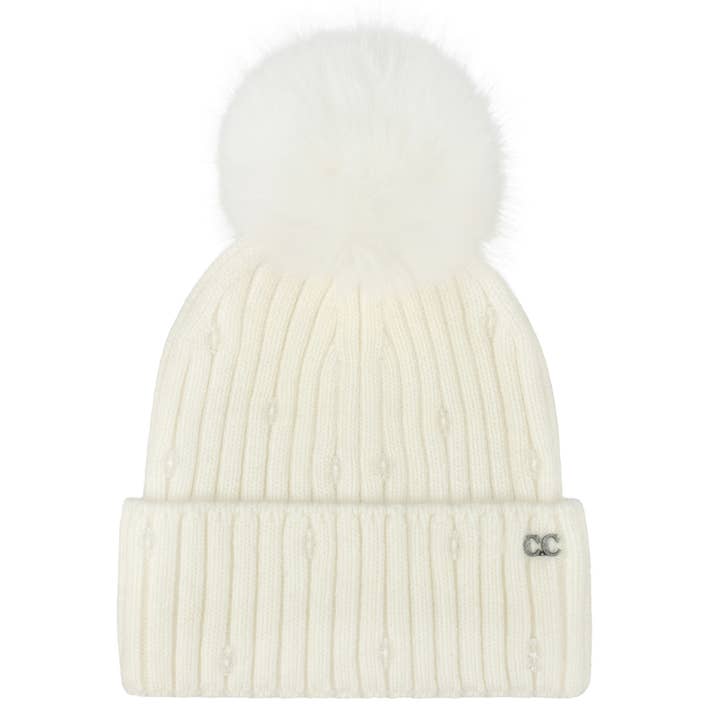 C.C Glass Bead Embellishment Faux Fur Pom Beanie