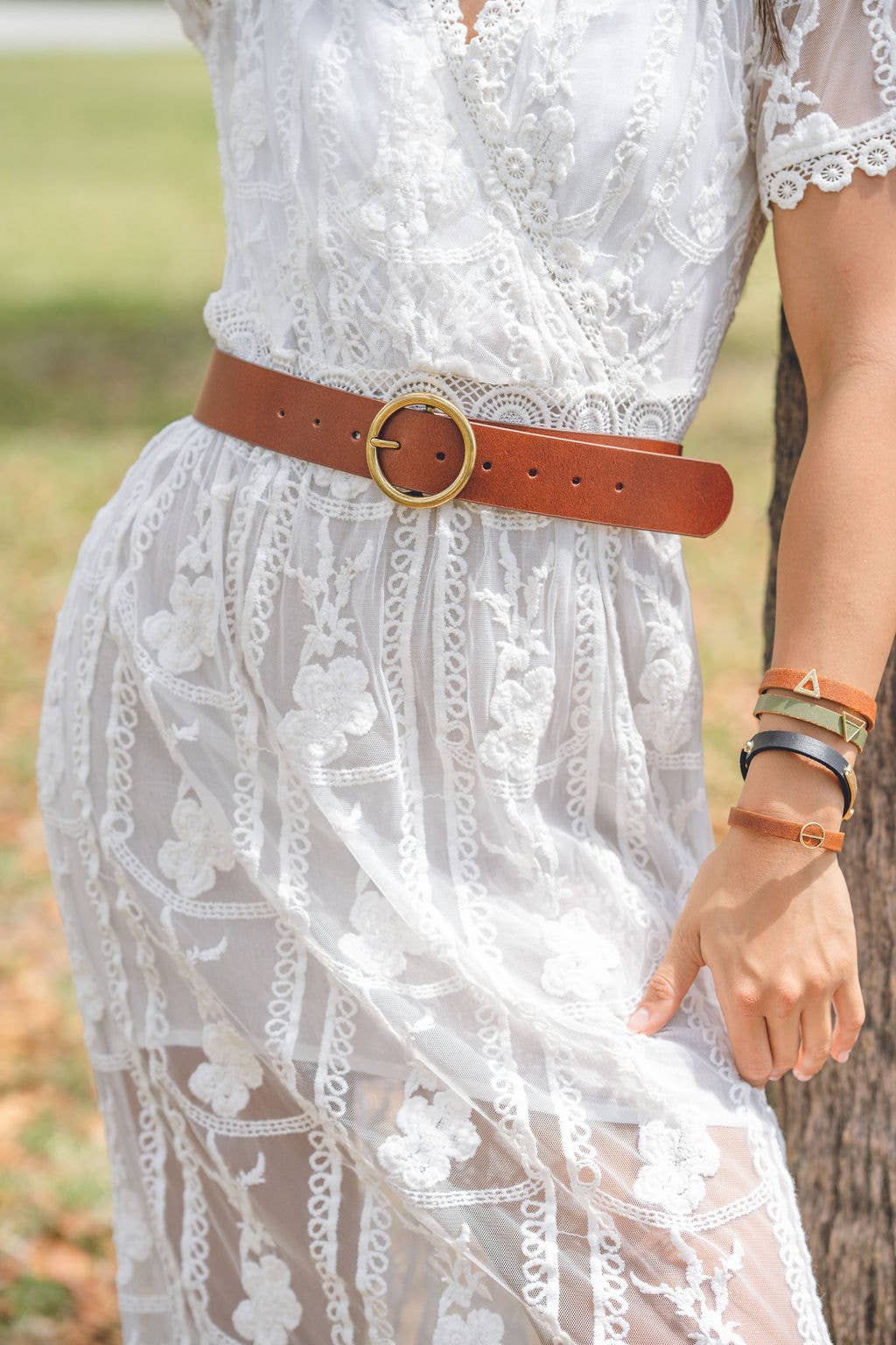 Wide Brass-Toned Circle Buckle Leather Belt
