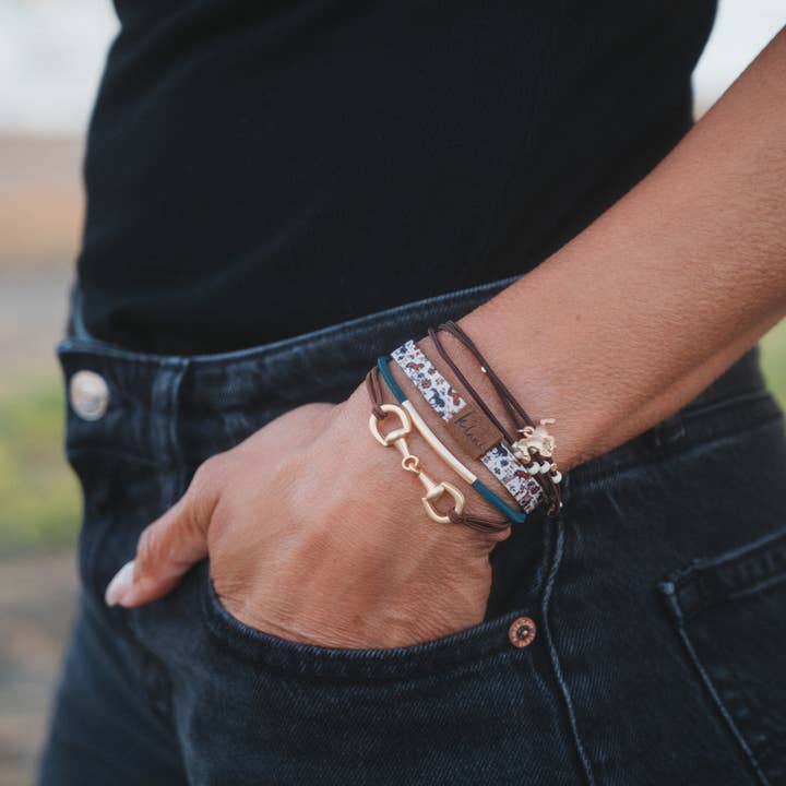 "Gallop" Horse & Bridle Equestrian Accents in Rich Brown & Blue Hair Tie Bracelets