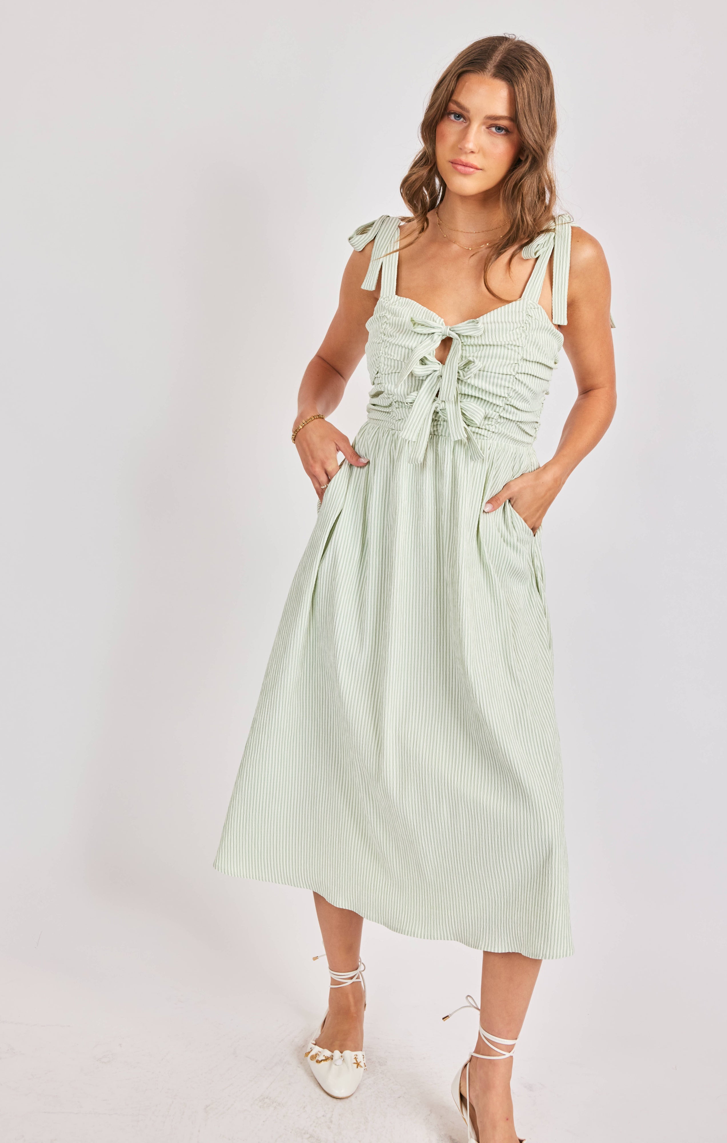 SEE ME STRIPE BOW MIDI DRESS