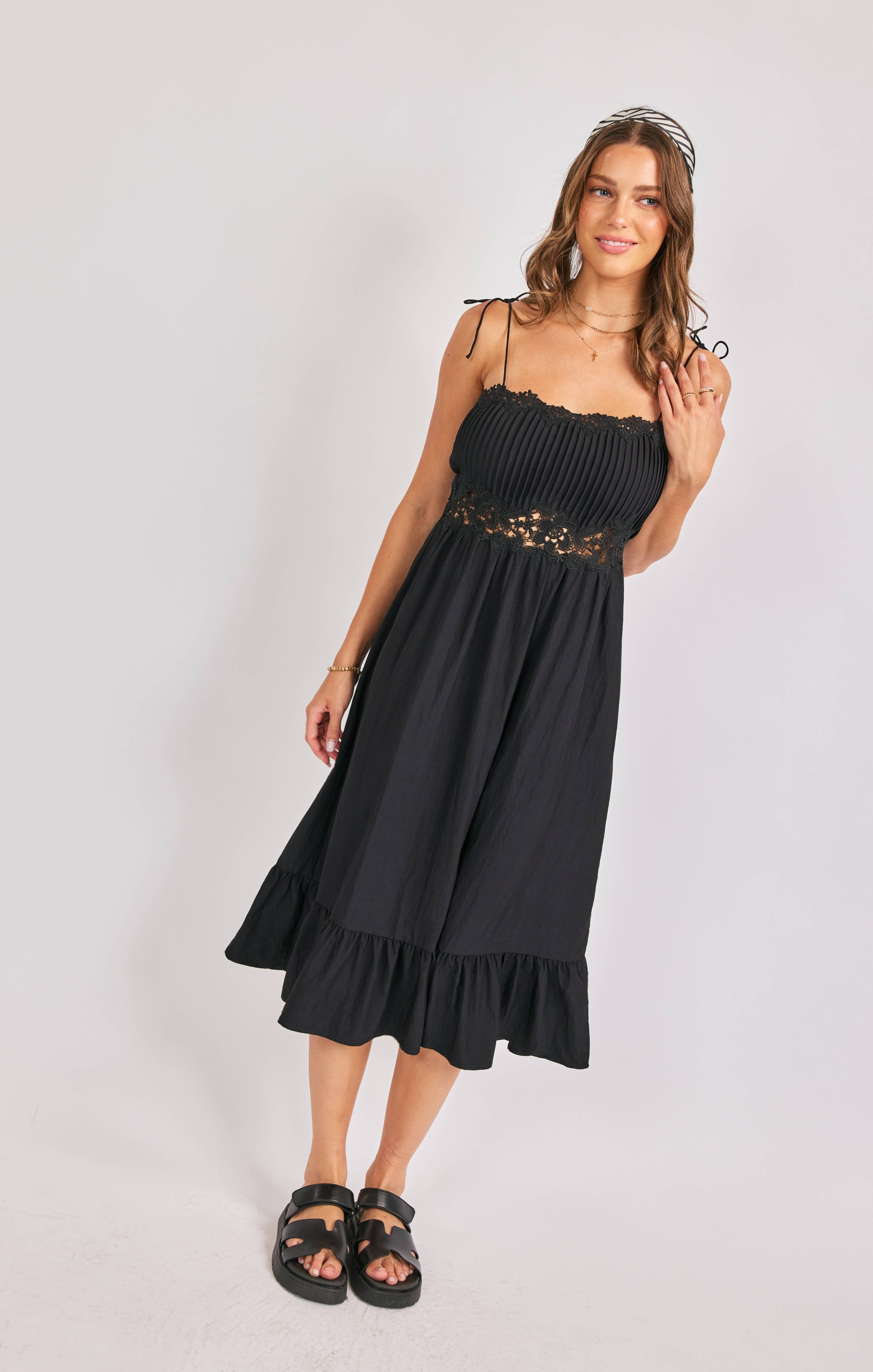 NIGHT BLOOM PINTUCK LACE MIDI DRESS