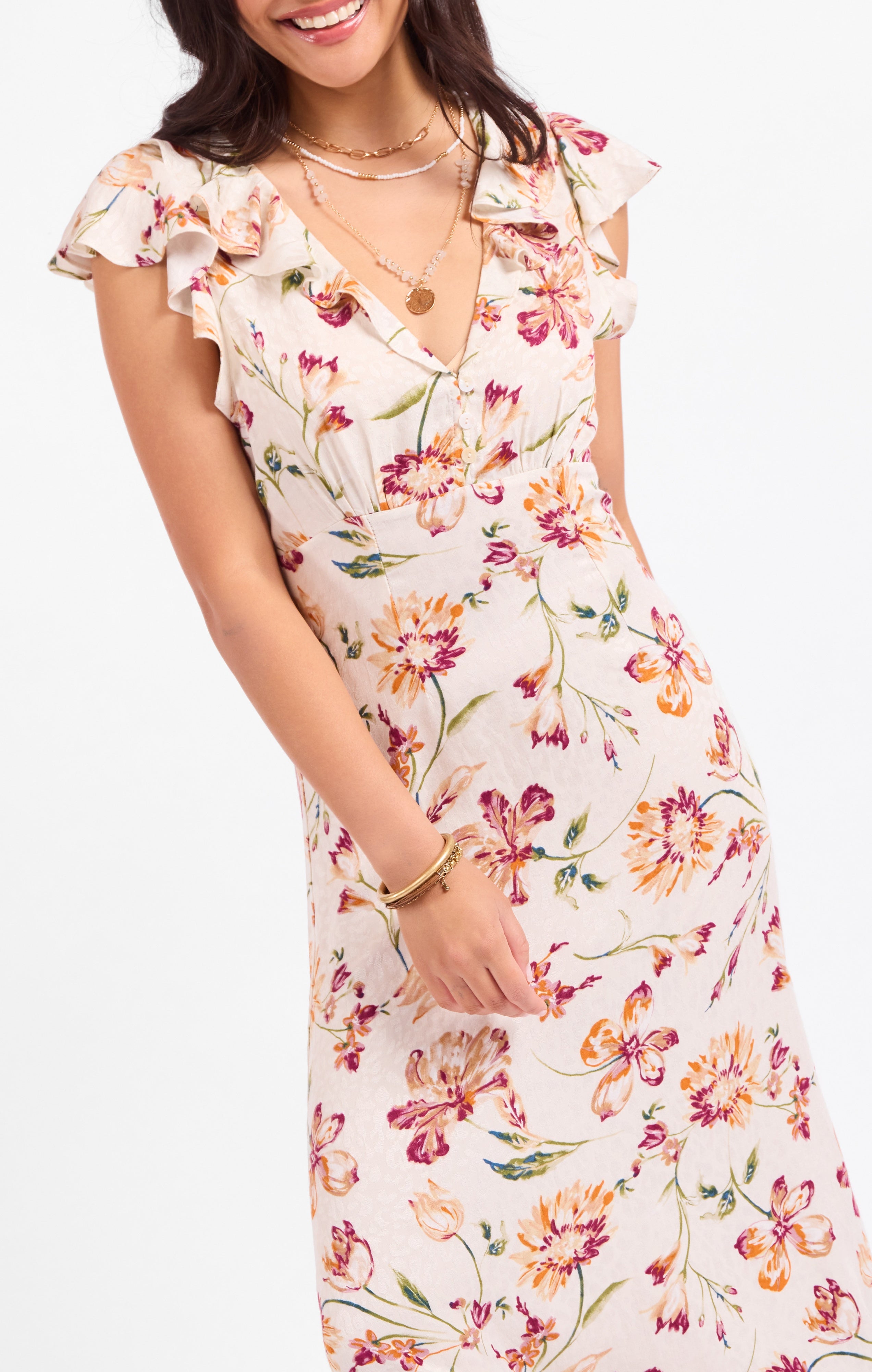 EARTH SONG RUFFLE MIDI DRESS