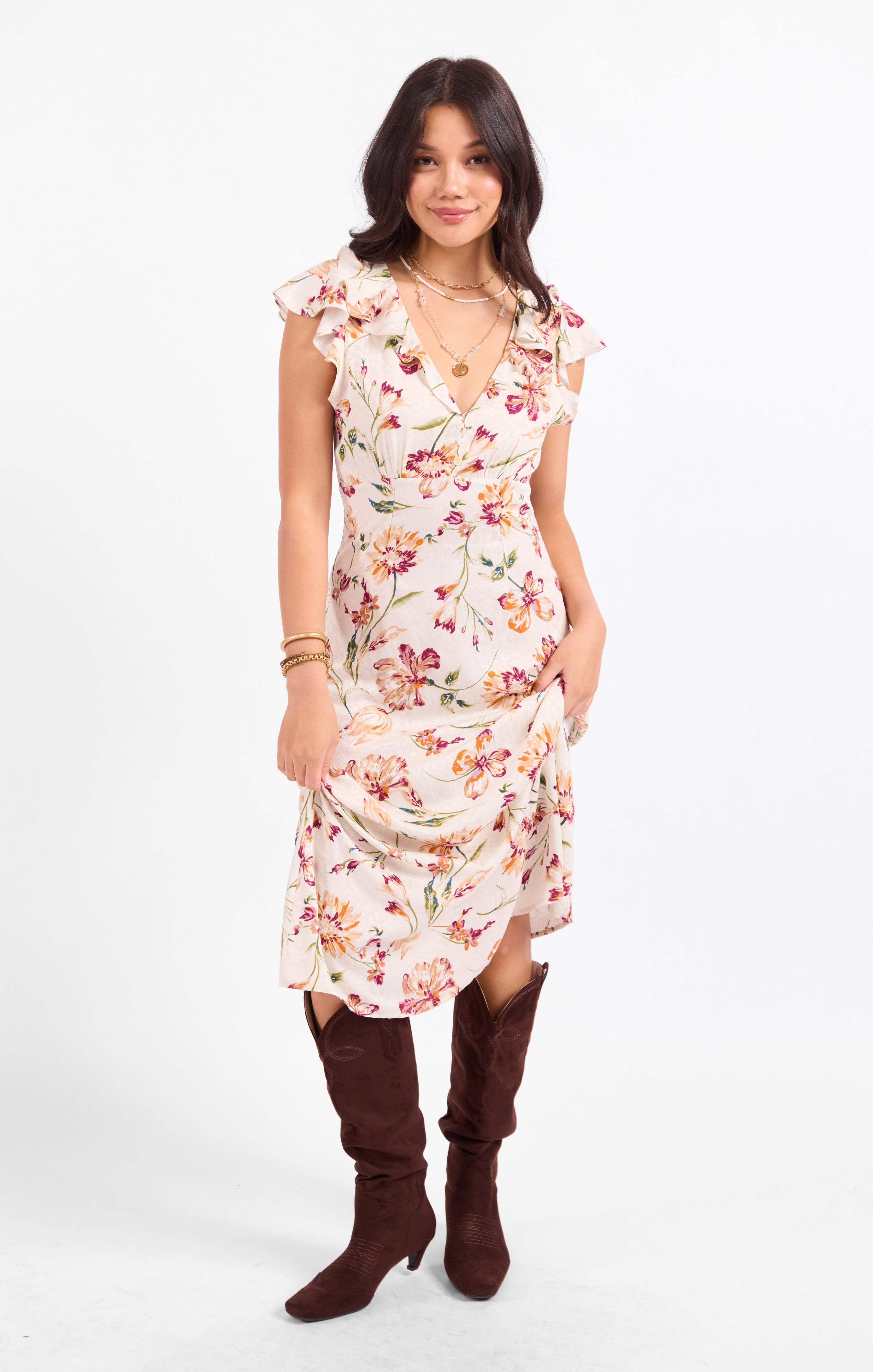 EARTH SONG RUFFLE MIDI DRESS