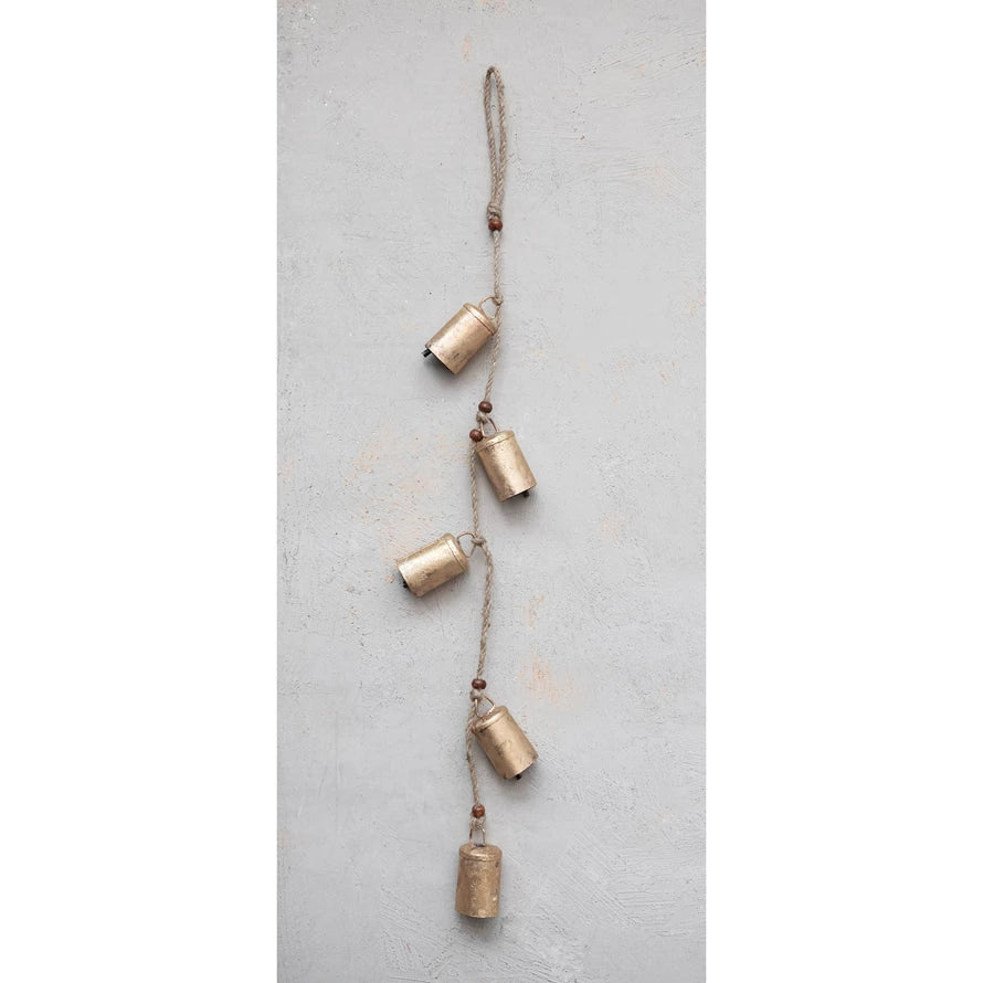 28"H Hanging Metal Bells with Wood Beads and Jute Rope