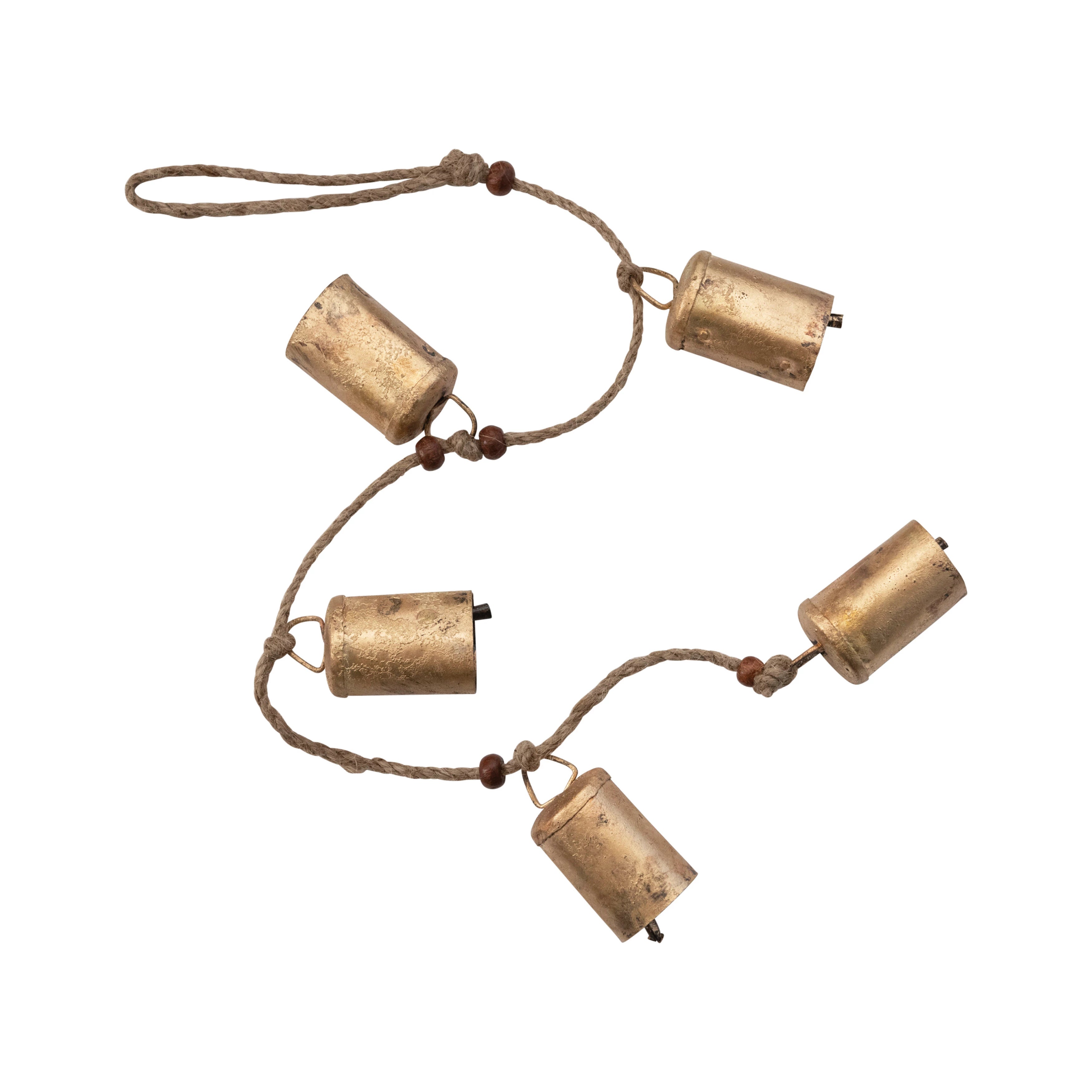 28"H Hanging Metal Bells with Wood Beads and Jute Rope