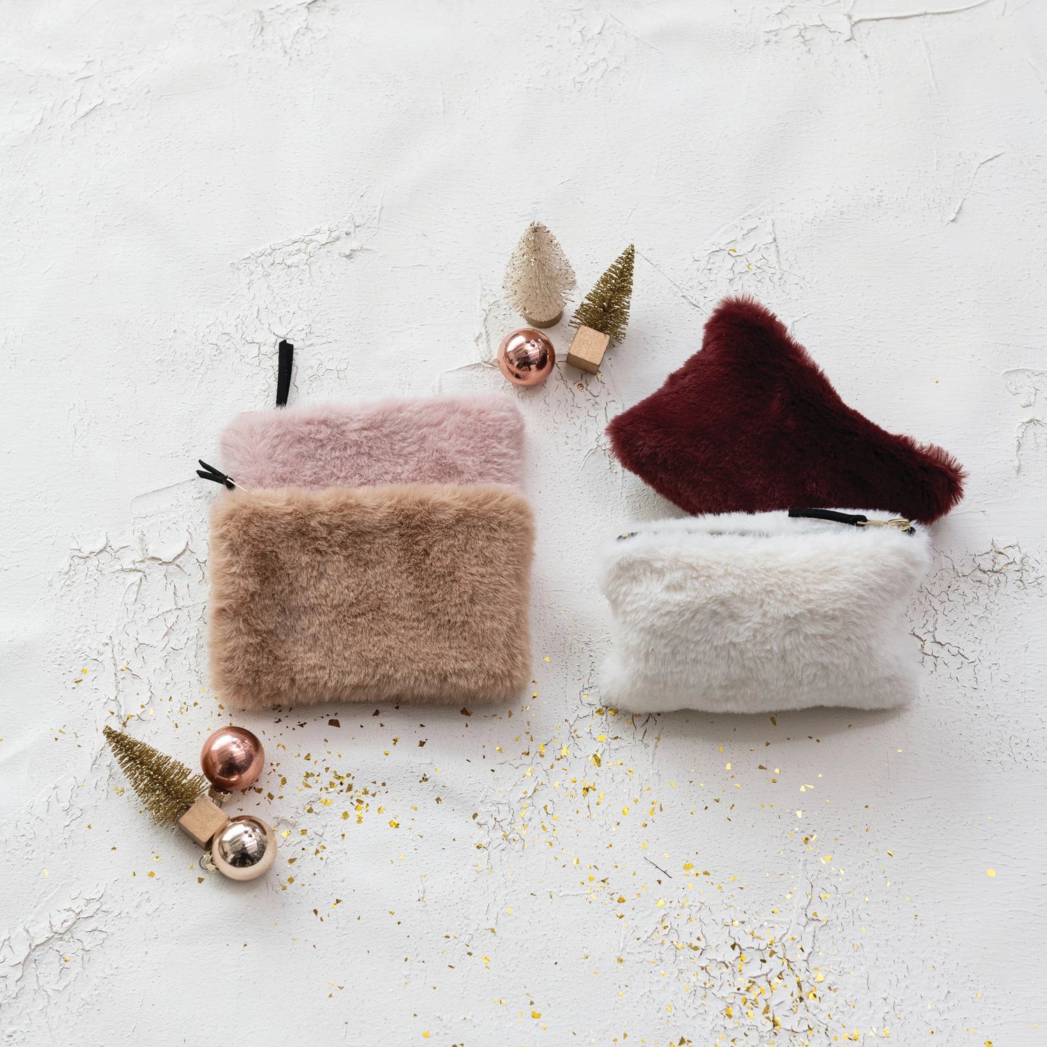 Faux Fur Fabric Zip Pouch with Interior Lining
