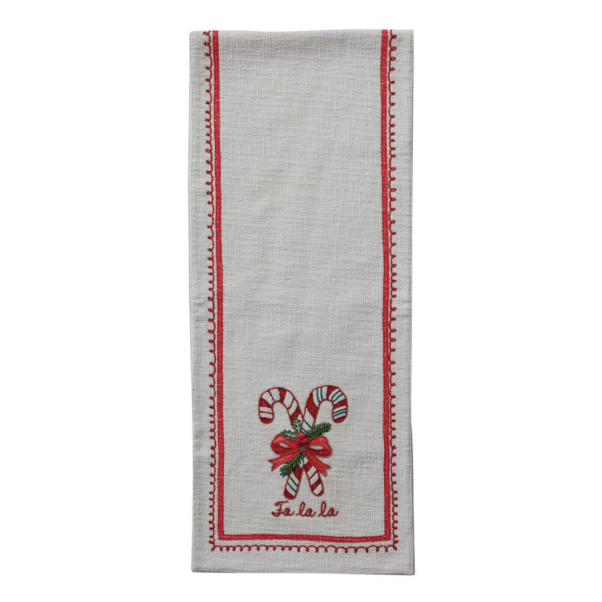 Cotton Slub Printed Table Runner with Embroidered Candy Canes, Bows, Holly Leaves & Beads ©